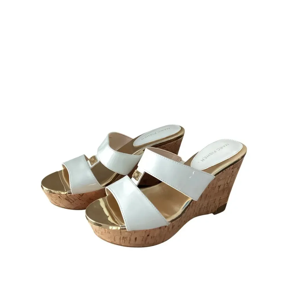 Marc Fisher Women's wedges sandals white straps gold tones cork platform heel 7